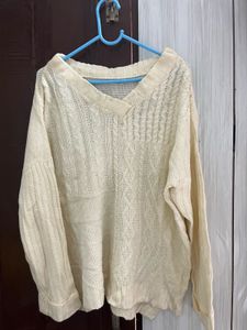 Cream Knit V-Neck Sweater
