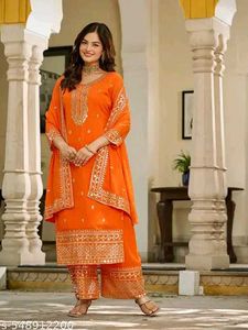 Orange Embroidered Kurta Set with dupatta