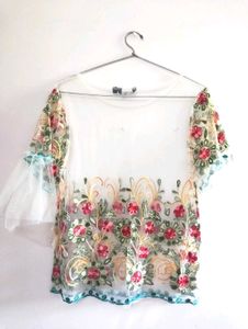 Floral Embroidered Net Top