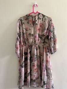 Grey And Green Foral Print Pink Dress