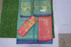 Beautiful Teal &amp; Pink Brocade Saree