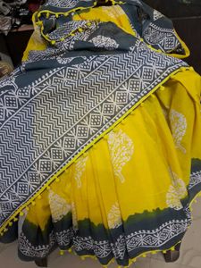 New Yellow&amp;Gray BlockPrint MulmulCotton Saree+Blou