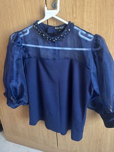 Elegant Navy Blue Sheer Sleeve Top