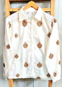 Embroidered offWhite Cotton Shirt-44-46