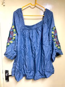 Embroidered Denim Peasant Top