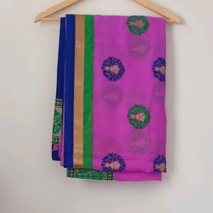 Pink Saree with Green &amp; Blue Details