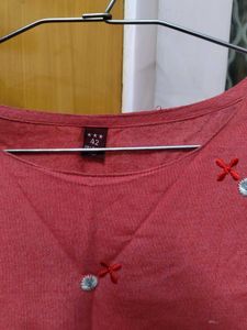 Red  Floral Embroidered Kurti Cotton