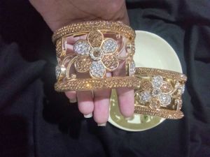 Gold Flower Cuff 2 Bracelet With Crystals