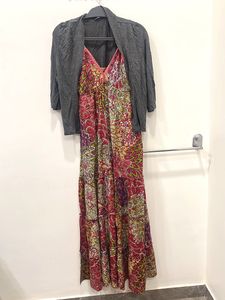 Boho Print Dress with Grey Shrug