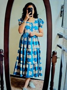 Blue Tiered Midi Dress with Sheep Print