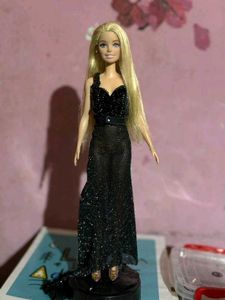 Elegant very long hair Barbie in Black Gown