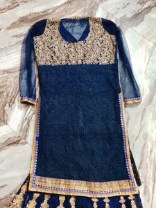 Elegant Navy &amp; Gold Embroidered Kurti Sharara Set