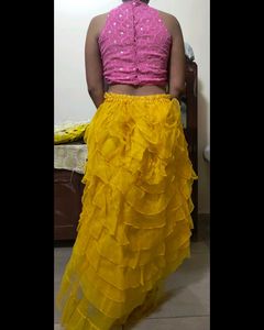 Designer Yellow Skirt With Pink Halter Neck Top