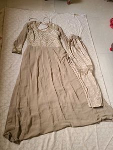 Brown Anarkali Dress Set With Pant And Dupatta