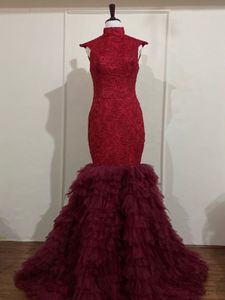 Elegant Red mermaid Ruffled Gown