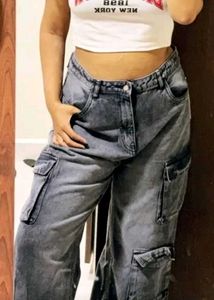 Grey Wash Wide Leg Cargo Jeans