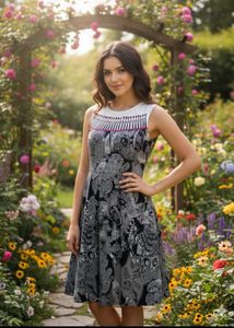 Black & White Floral A-Line Sleeveless Dress