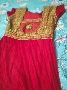 Red &amp; Gold Embellished Anarkali Dress
