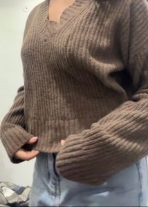Brown Crop V Neck Cardigan