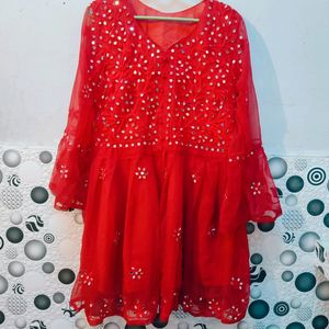 Red Mirror Work Chikankari Short Kurti ❤