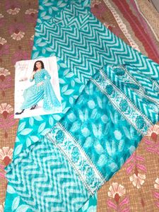 Teal Leaf Print Unstitched Salwar Suit