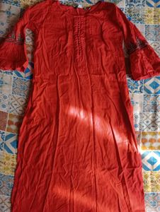 Red Embroidered Kurta with brown paint