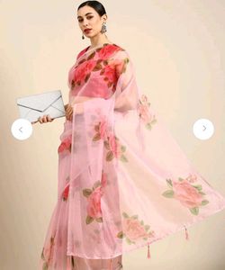 Pink Floral Organza Saree with stitched blouse.