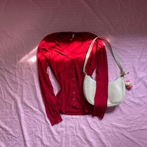 Red Button-Down Cardigan.