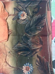 Stylish Brown &amp; Green Printed Saree with Floral Wo