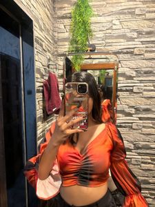 Orange puff full sleeves top for women