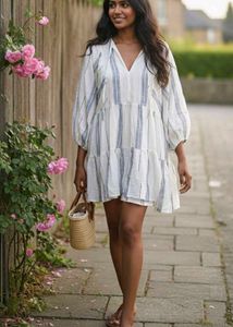 H&M Striped Mini Dress with Full Puff Sleeves