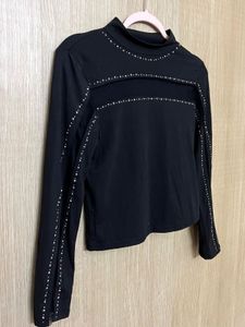 Edgy Black Mock Neck Top with Studded Cut-outs