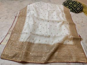 Elegant White &amp; Gold Embroidered Saree Need Dry Cl