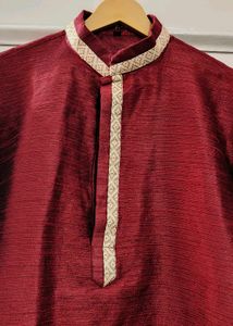 Gold Sleeveless Jacket With Rad Kurta &amp; Pajama