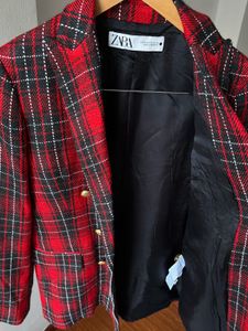 ZARA RED Checked Double Breasted Blazer