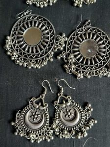 Silver-Toned Earring Set with Intricate Designs