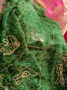 Green Bandhej Saree With All Over Dori Work