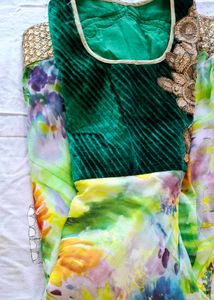 Emerald Velvet & Floral Dupatta