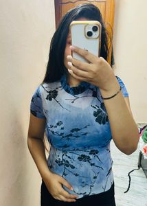Blue Floral Mesh High-Neck Top – Shein