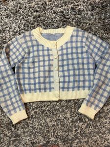 Blue Plaid Knit Cardigan