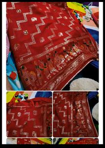 New Zari Red Saree with attached blouse piece