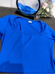 Blue Ribbed Fitted Crop Top
