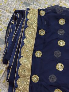 Navy Blue &amp; Gold Embellished Saree