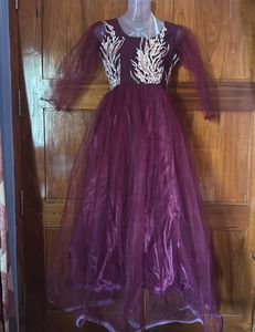 Maroon Embroidered Tulle Dress