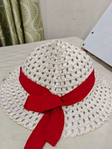 White Straw Hat with Red Ribbon