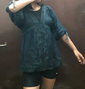 Dark Blue Embroidered V-Neck Blouse