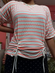 Whit And Neon Pink Stripes Casual Top With Cute Tie-up Laces. Cute Drop Shoulder Style