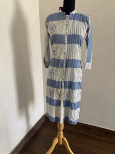 Blue & White Striped Embroidered Kurti