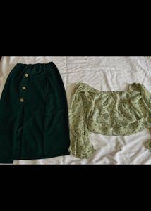 Green Printed Crop Top And A-line Skirt