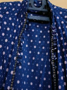 Blue Printed Ambrela Cut Long Sleeve Shrug